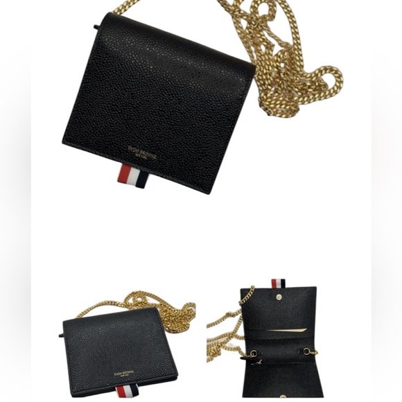 Thom Browne Black Textured Wallet with Gold Chain